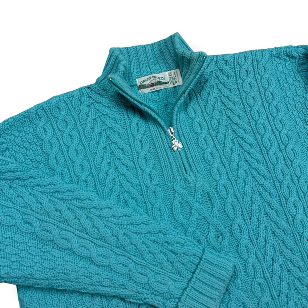 VTG Aran Crafts 100% Merino Wool 1/4 Zip Cable Knit Sweater 2XL‎ Blue Ireland